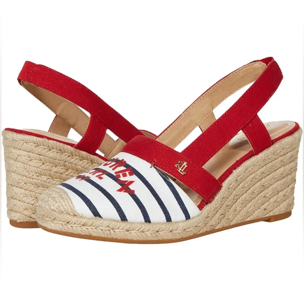 Lauren Ralph Lauren NIB Womens Red Striped Slingback Stretch Gore Logo Wedge 7.5